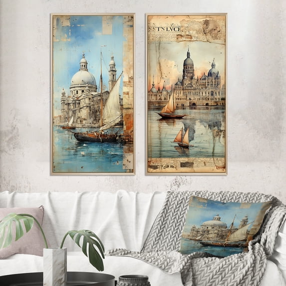 Designart "Distant Memories Journal Collage of Venice I" Venice Framed Wall Art Set Of 2 - Industrial White Gallery Wall Frame Set For Home Decor