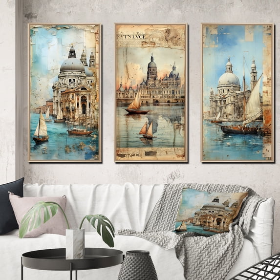 Designart "Distant Memories Venice Journal Collage IV" Venice Framed Wall Art Set Of 3 - White Industrial Frame Gallery Set For Office Decor