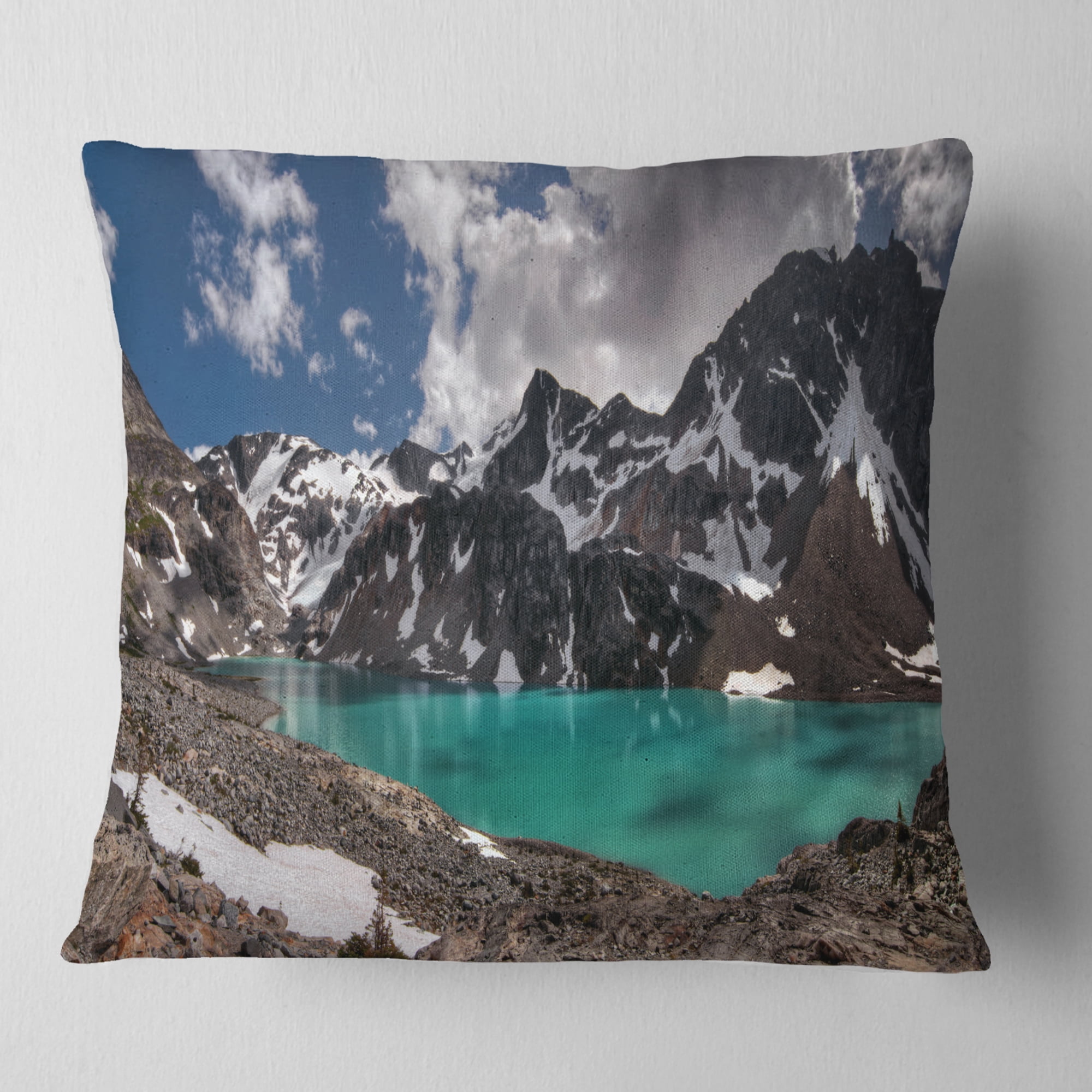 Designart Distant Mountains and Mountain Lake - Landscape Printed Throw Pillow - 18x18