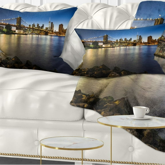 Designart Distant View of Brooklyn Bridge - Cityscape Throw Pillow - 12x20