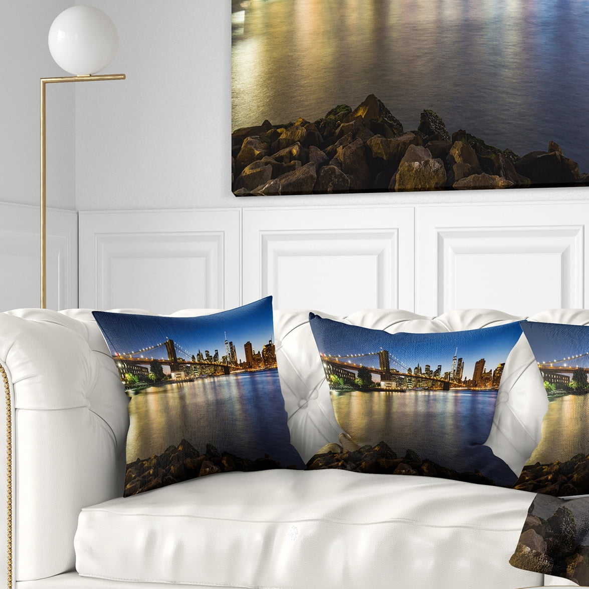 Designart Distant View of Brooklyn Bridge - Cityscape Throw Pillow - 16x16