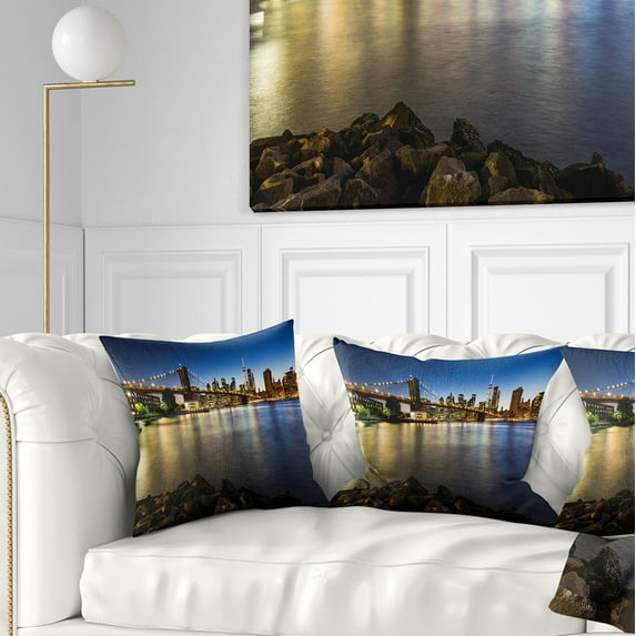 Designart Distant View of Brooklyn Bridge - Cityscape Throw Pillow - 18x18