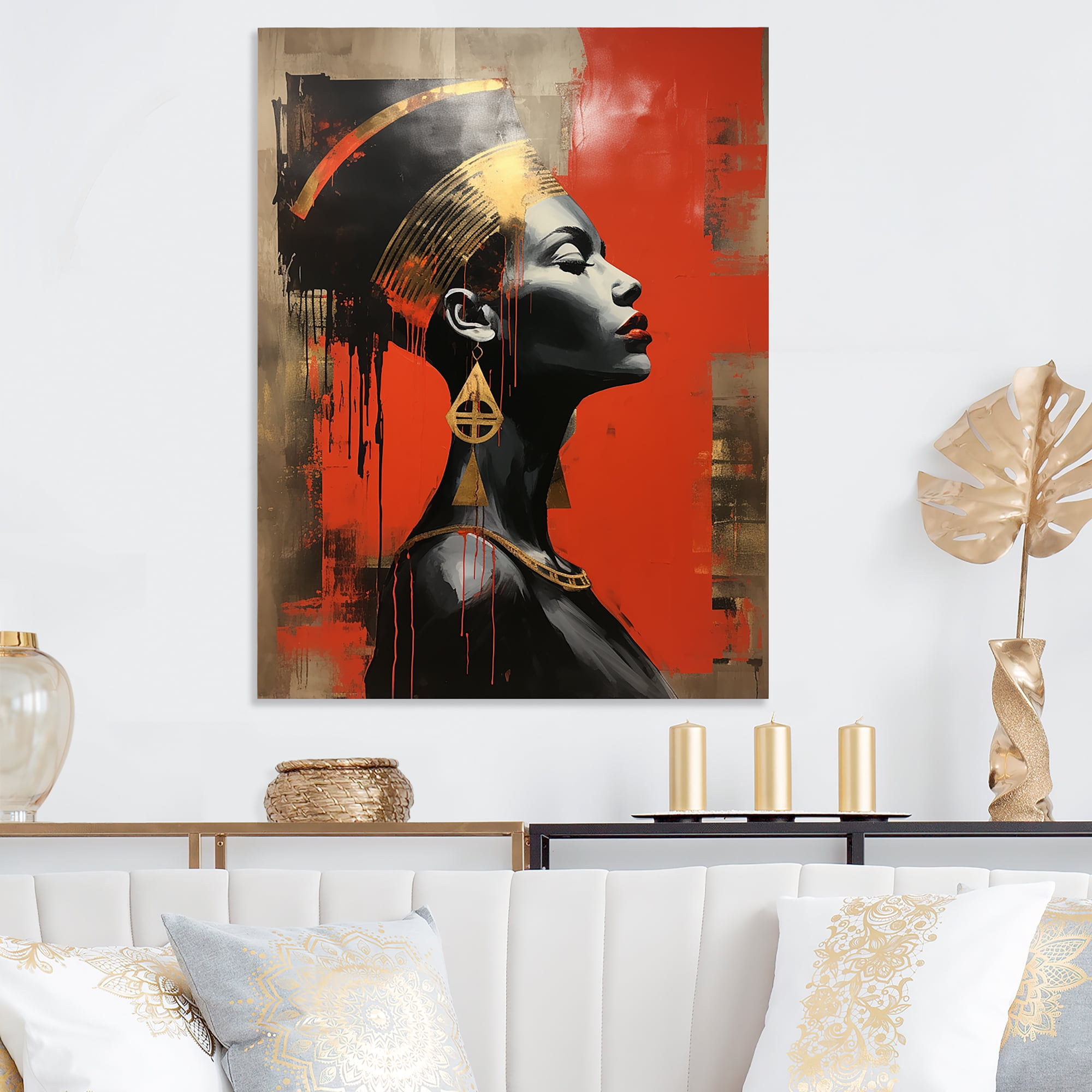 Designart "Diva African American Woman in Gold & Red I" Woman Egyptian