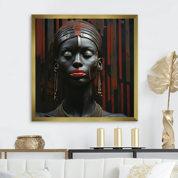 Designart "Diva African American Woman in Black and Red I" Fashion Framed Wall Art Decor - Glam Black Woman Egyptian Bedroom Framed Canvas Wall Art