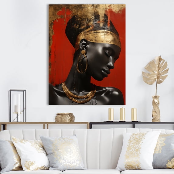 Designart "Diva African American Woman in Gold & Red II" Fashion Canvas Wall Art - Glam Gold Woman Egyptian Entryway Wall Art Print