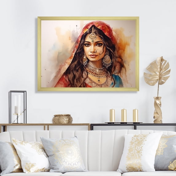 Designart "Diva's Portrait Indian Woman Elegance" Fashion Framed Wall Art Decor - Glam Green Woman Entryway Framed Wall Art