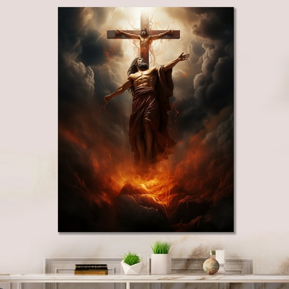 Designart "Divine Holy Cross of Jesus Christ I" Spiritual Canvas Wall Art - Global Orange Christianism Living Room Canvas Art