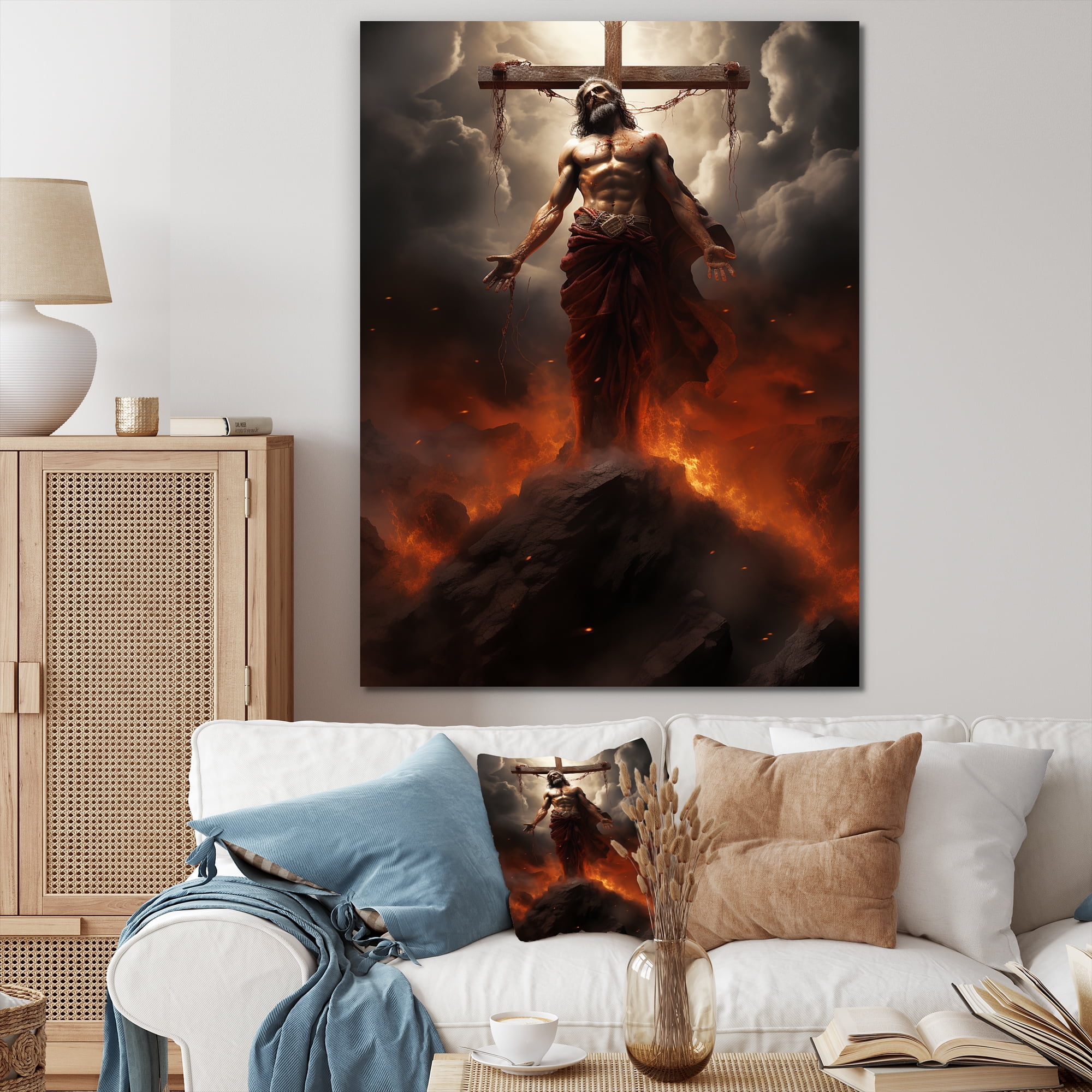 Divine Holy Cross Jesus Christ Canvas Wall Art in Fiery Orange and Gray