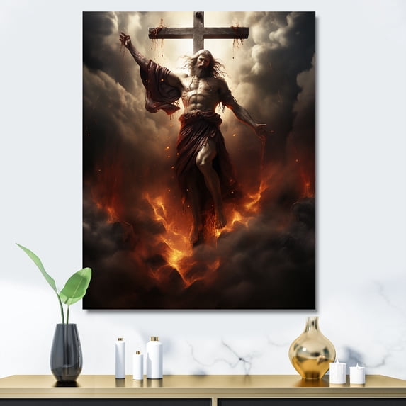 Designart "Divine Holy Cross of Jesus Christ III" Spiritual Canvas Wall Art - Global Orange Christianism Entryway Wall Art Print