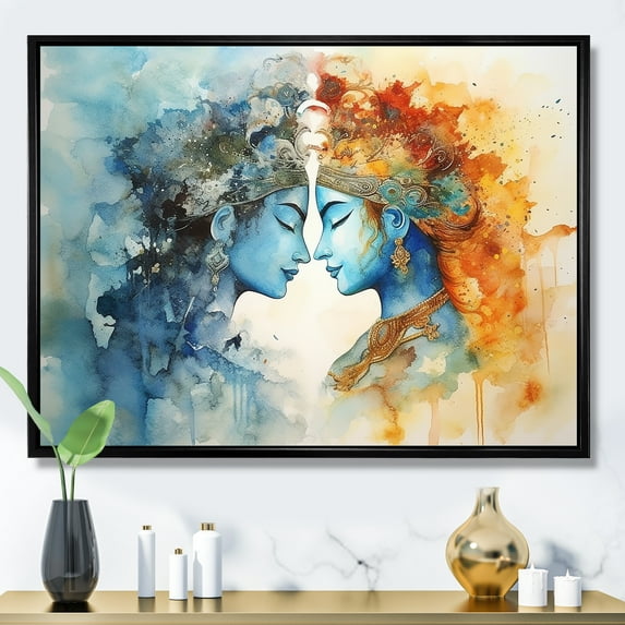 Designart "Divine Wedding Of Radha Krishna In Dry Watercolors I" Hinduism Floater Framed Canvas Wall Art