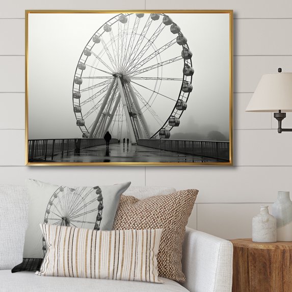 Designart "Dizzying Heights Grey Ferris Wheel" Architecture Floater Framed Wall Decor