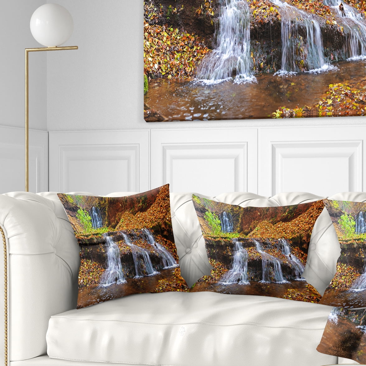 Designart Dniester Canyon Spring Waterfalls - Landscape Photography Throw Pillow - 18x18