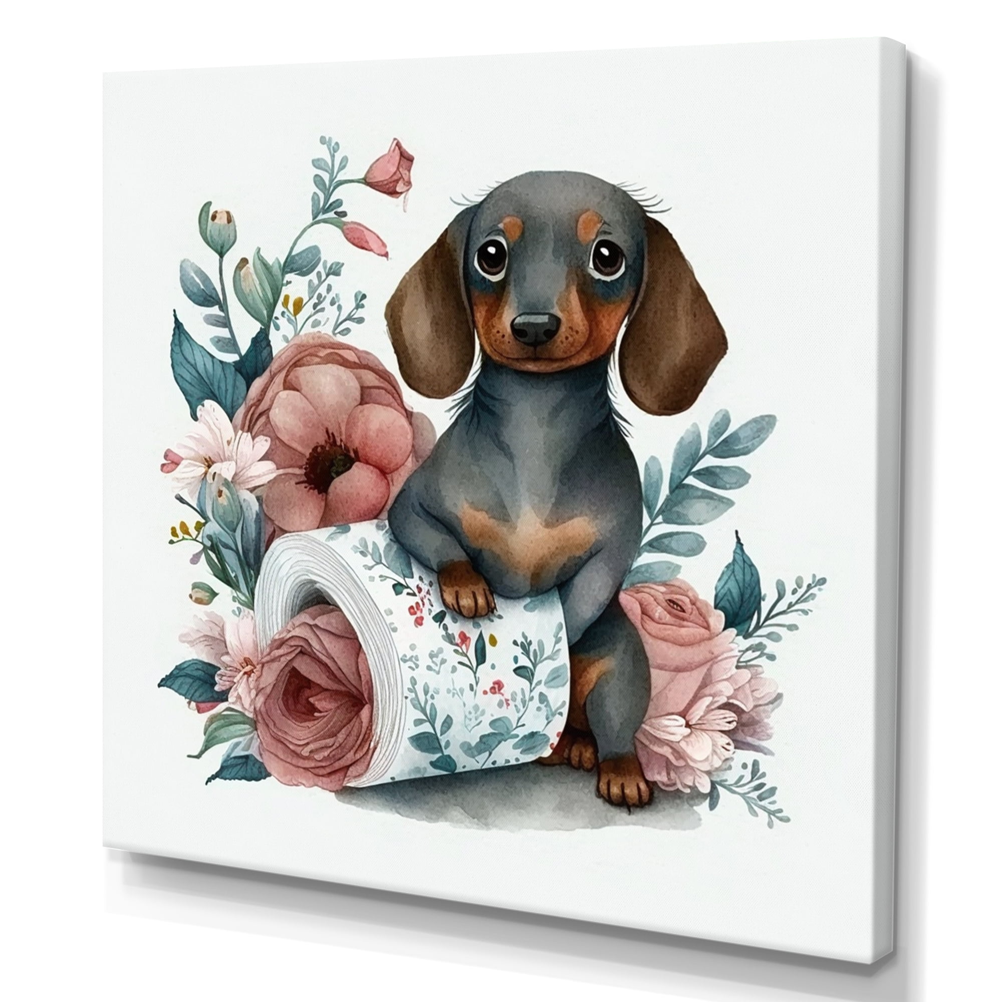 Designart Dog Building A Tower Of Toilet Paper With Flowers Canvas Wall Art