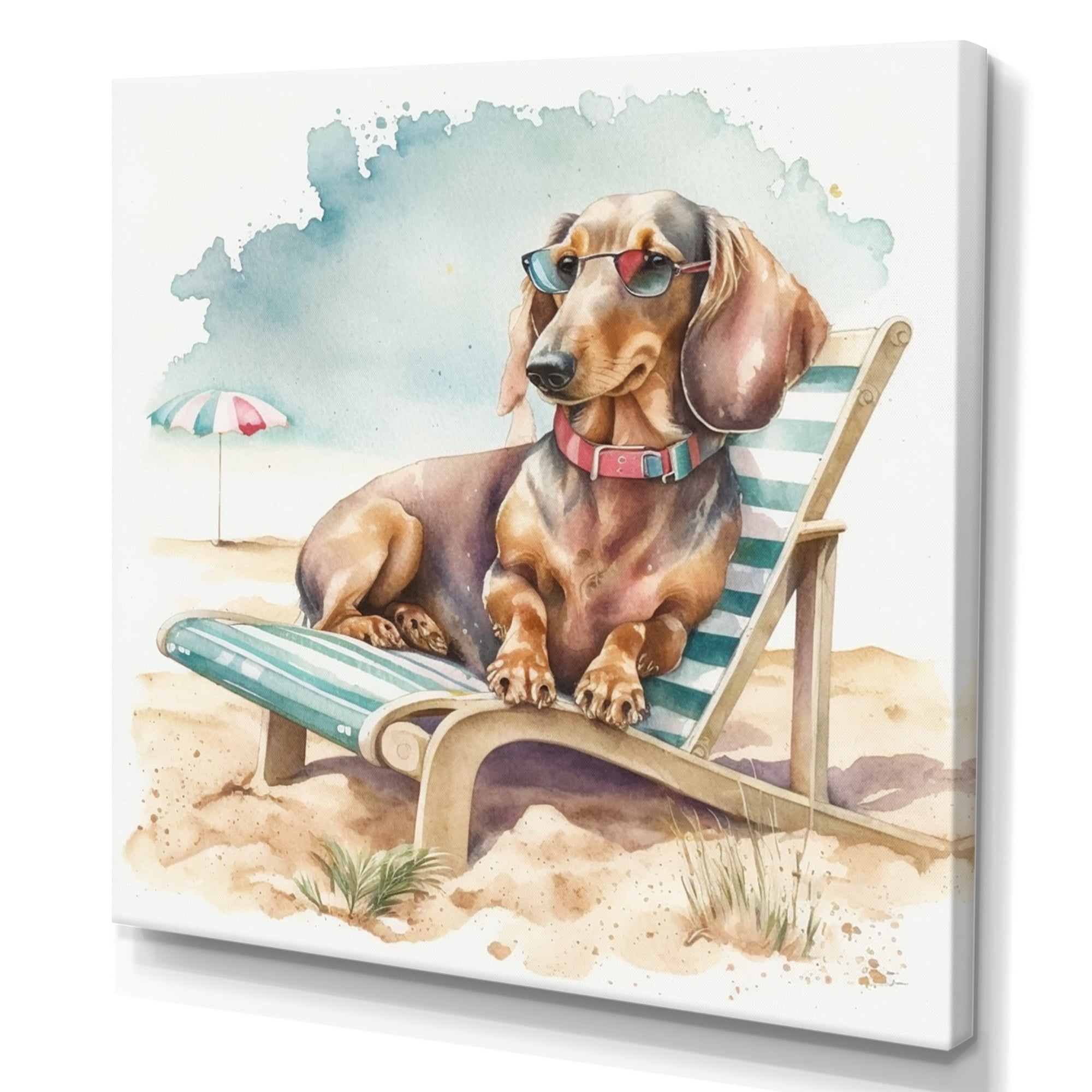 Designart Dog Lounging On The Beach With Sunglasses III Canvas Wall Art