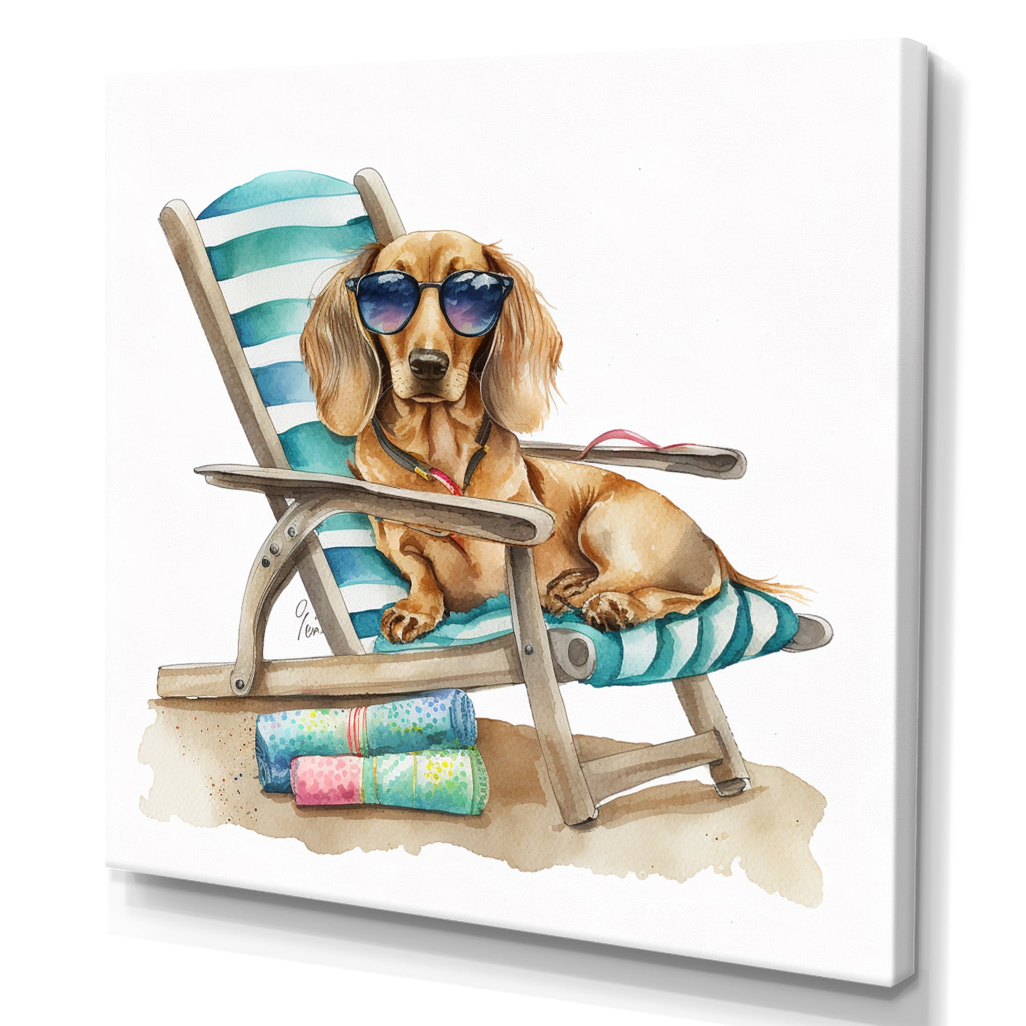 Designart Dog Lounging On The Beach With Sunglasses V Canvas Wall Art