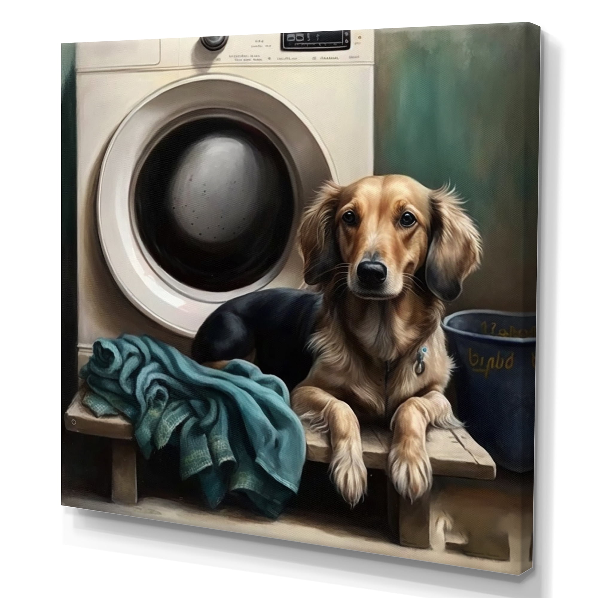 Designart Dog Sitting On The Laundry III Canvas Wall Art