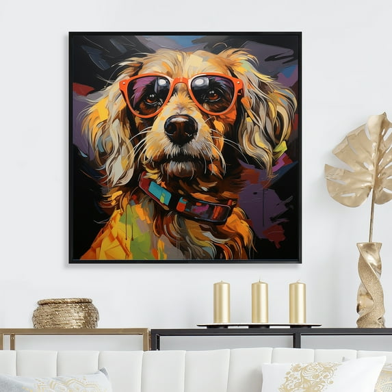 Designart "Dog With Pop Art Sunglasses" Pop Art Floater Framed Canvas Wall Art