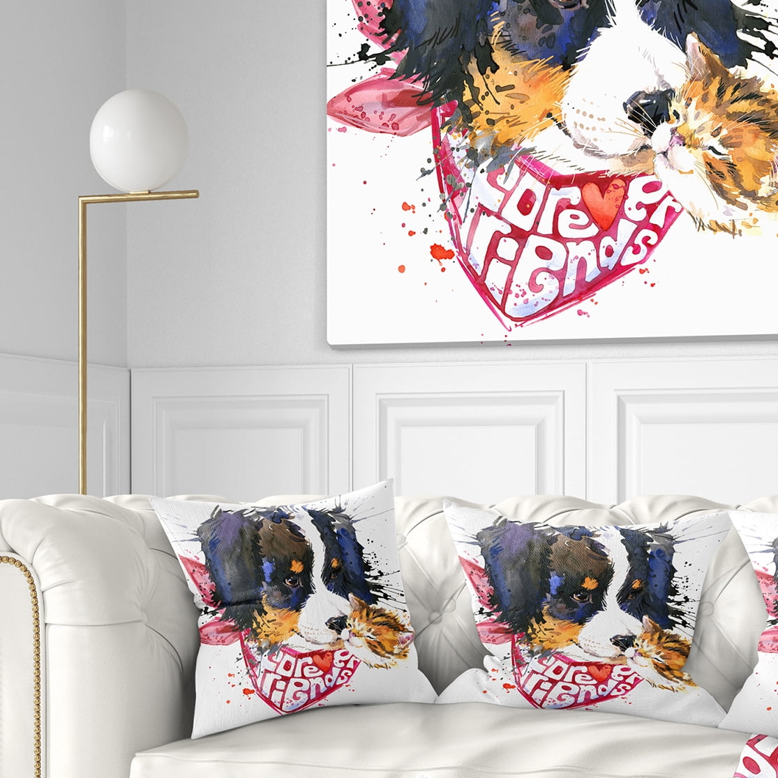 Designart Dog and Cat Friends Forever - Animal Throw Pillow - 18x18