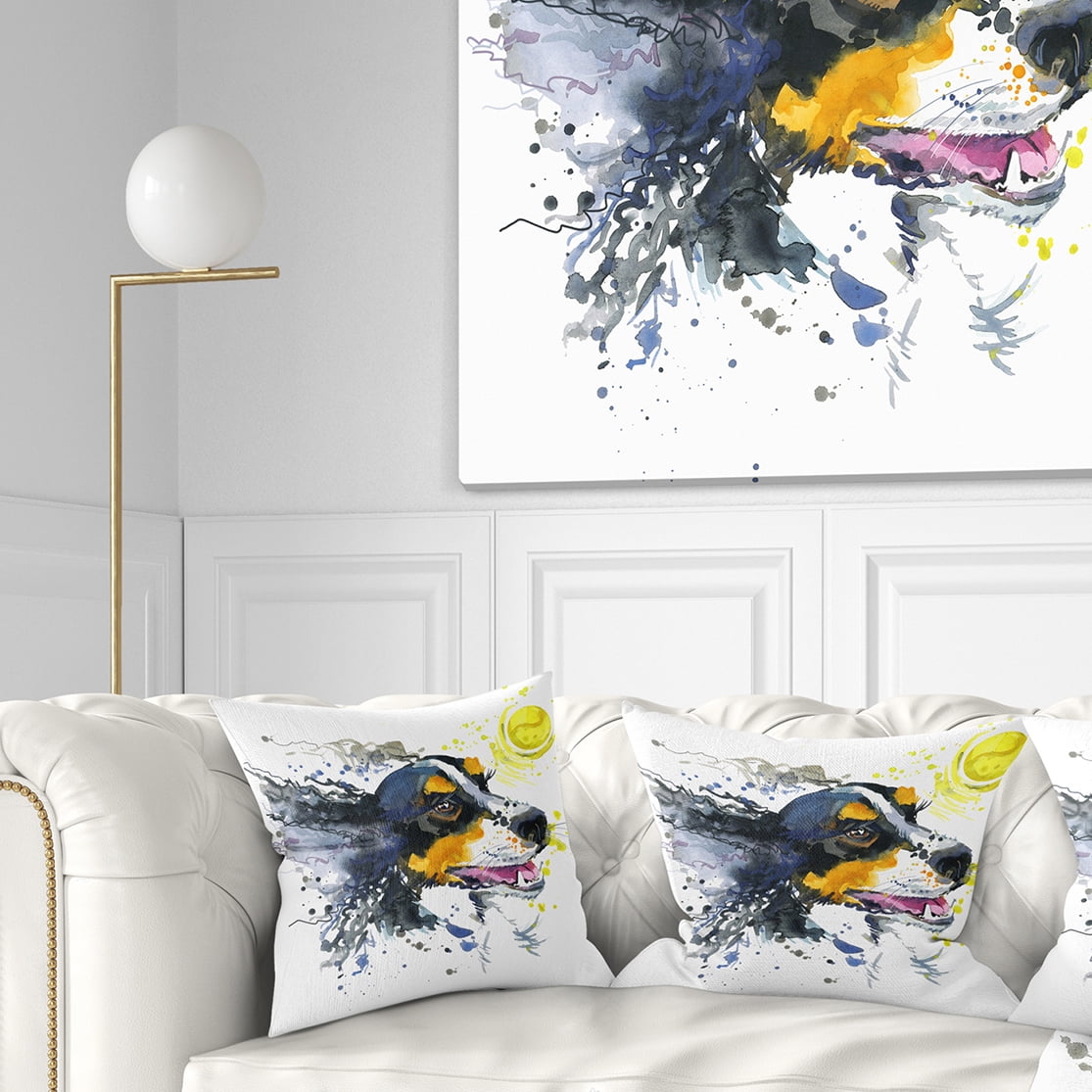 Designart Dog and Yellow Ball Watercolor - Abstract Throw Pillow - 16x16