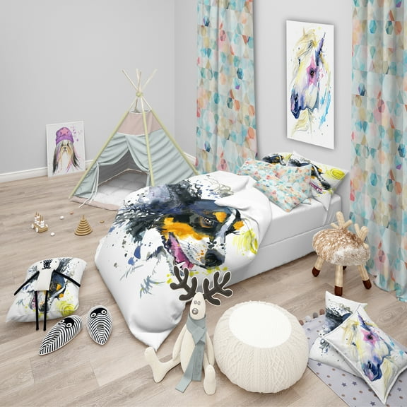 Designart 'Dog and Yellow Ball Watercolor' Modern & Contemporary Duvet Cover Set