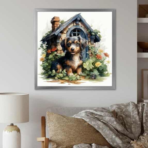 Designart "Doghouse Blooms with Puppy I" Animals Framed Wall Art Decor - Modern Brown Dog Entryway Framed Wall Art Print