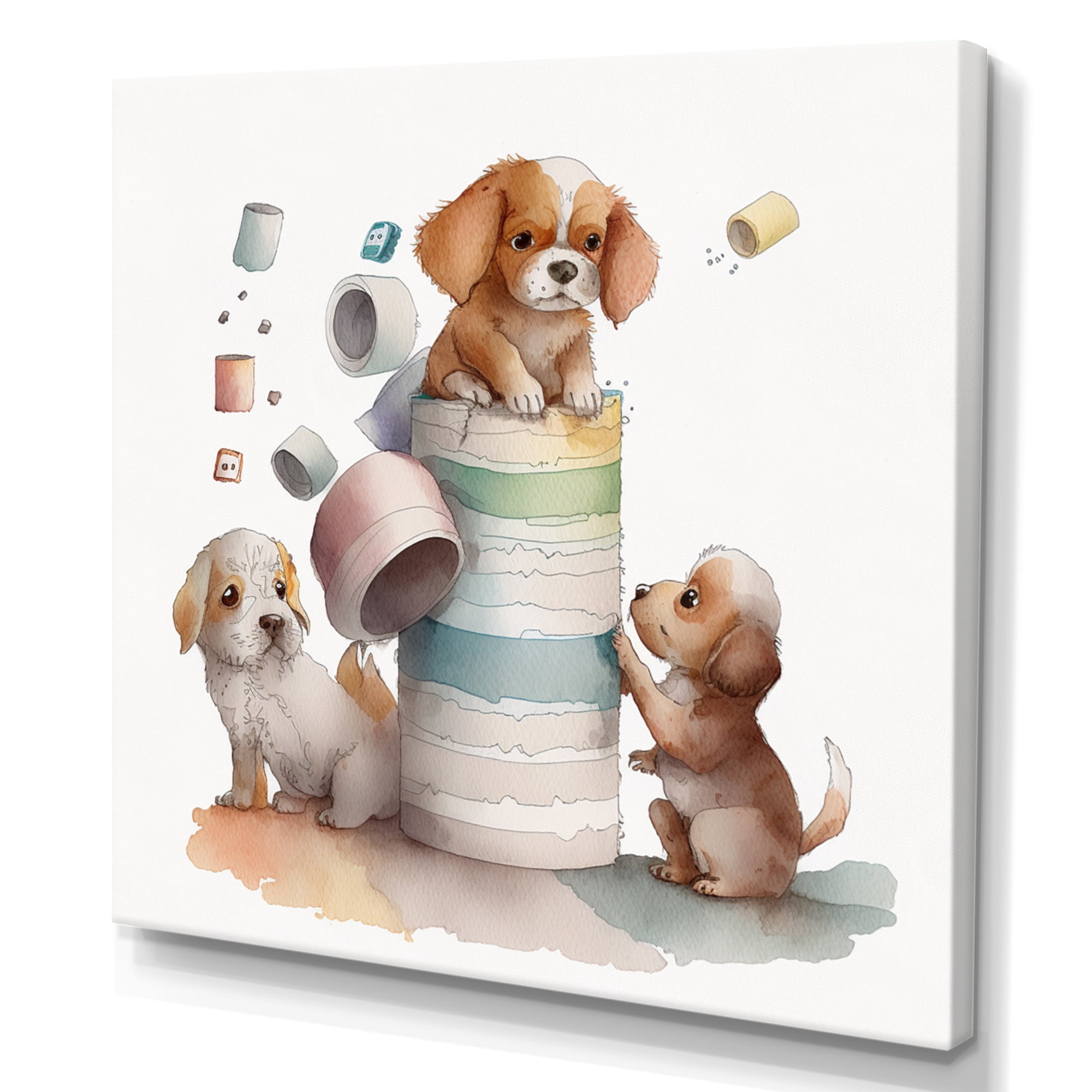 Designart Dogs Building A Tower Of Toilet Paper Canvas Wall Art