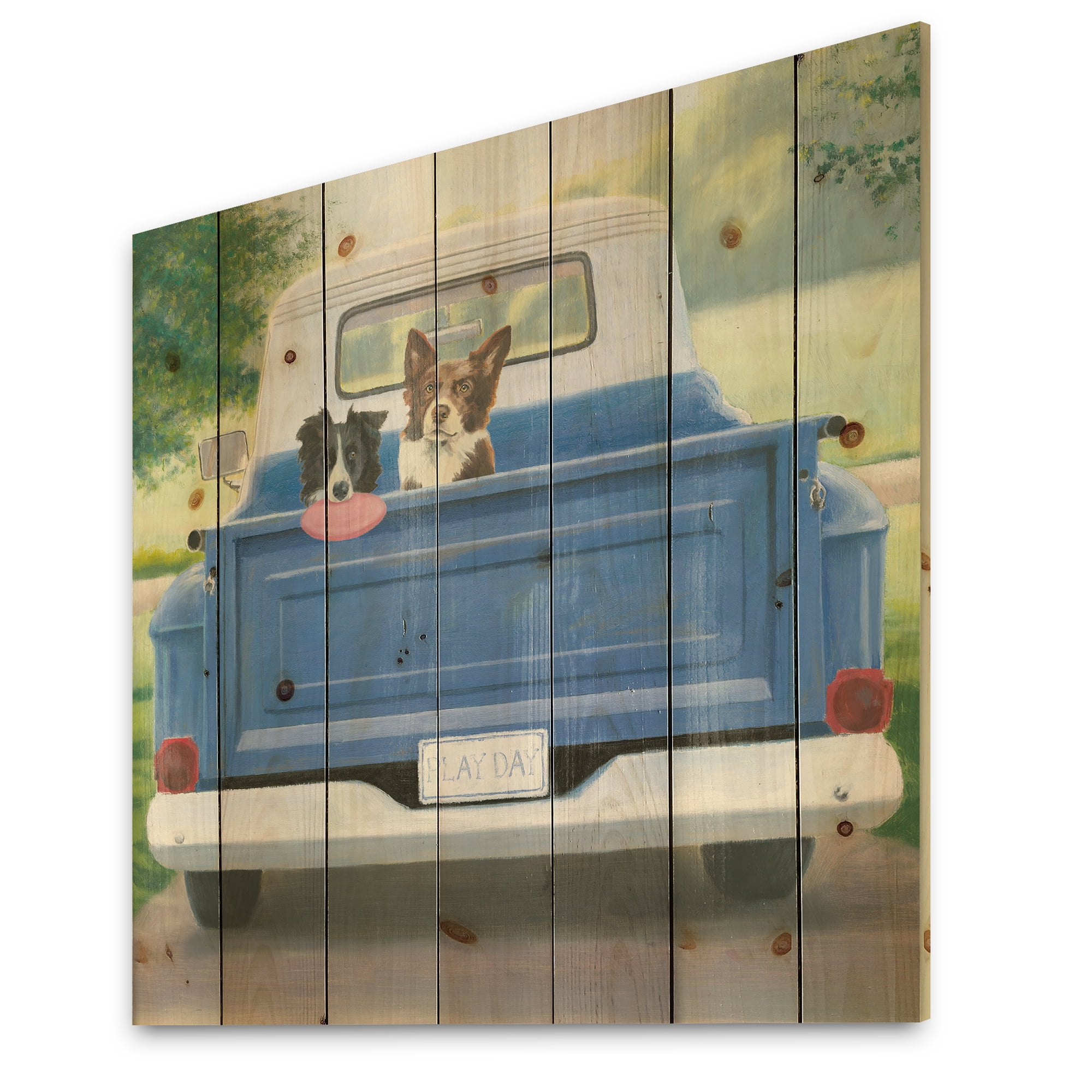 Designart 'Dogs Play Day' Traditional Print on Natural Pine Wood