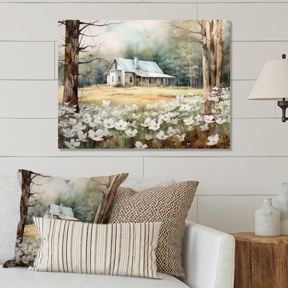 Designart "Dogwood Beauty at the Farm in White and Grey II" Landscapes Metal Art Living Room
