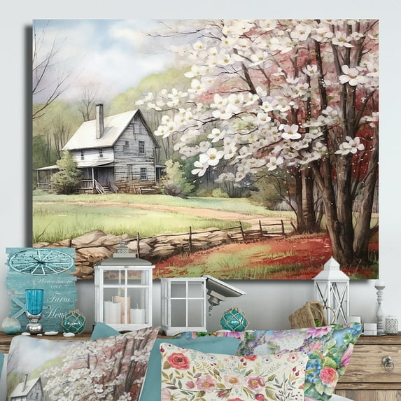 Designart "Dogwood Beauty at the Farm in White and Grey III" Landscapes Metal Wall Decor