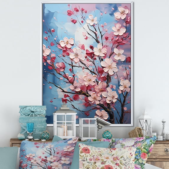 Designart "Dogwood Blossoms In Blue And Pink I" Dogwood Floater Framed Wall Art Prints