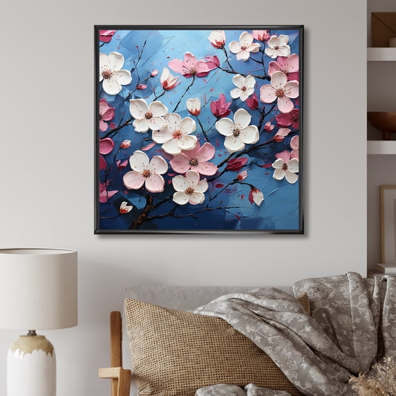 Designart "Dogwood Blossoms In Blue And Pink II" Dogwood Floater Framed Wall Art Living Room