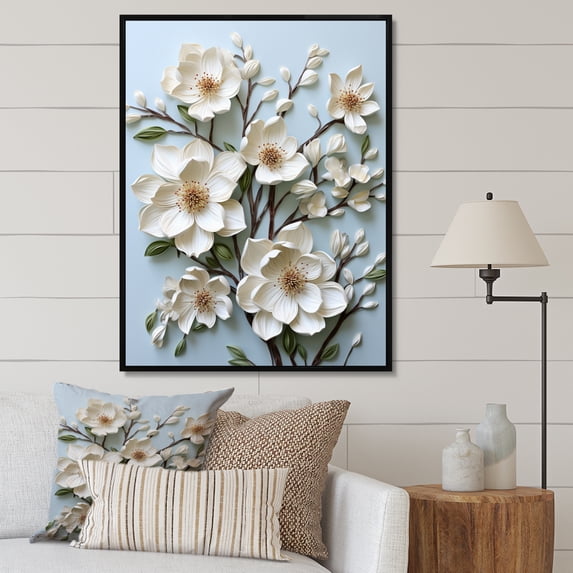Designart "Dogwood Field Pointillism composition IV" Floral & Botanical Floater Framed Wall Art Print