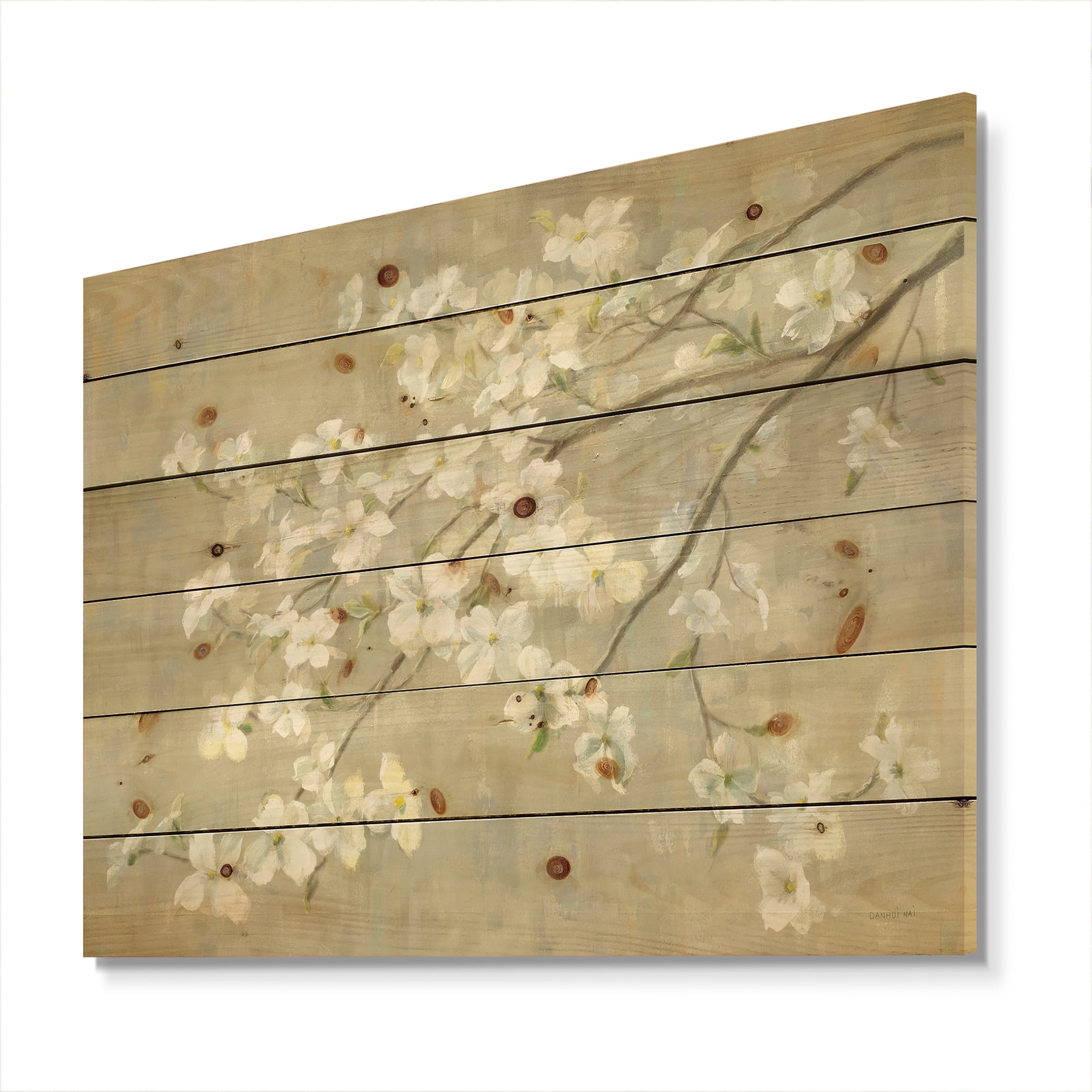 Designart Dogwood in Spring Neutral Farmhouse Print on Natural Pine Wood Art Print, 20" x 12"