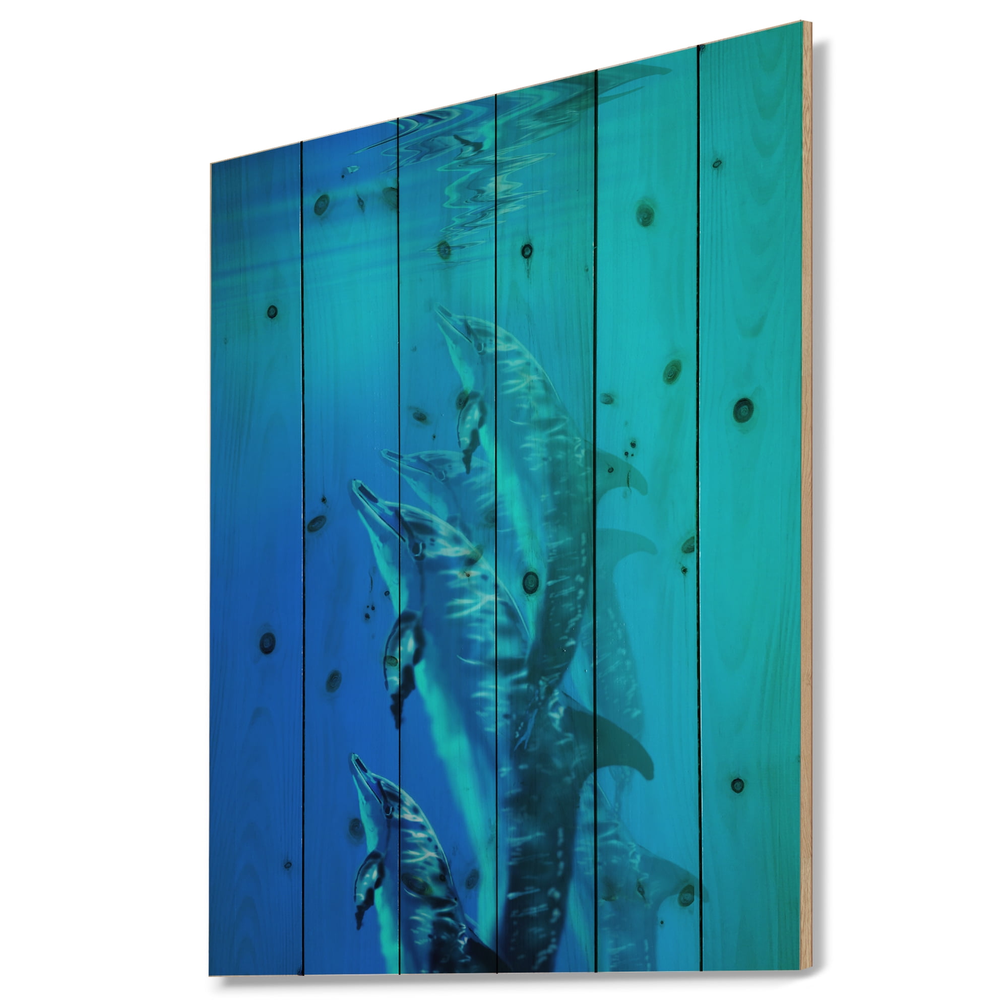 Designart 'Dolphin in Blue Sea' Seascape Print on Natural Pine Wood