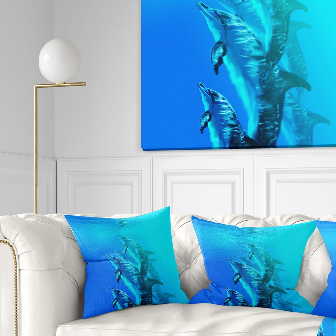 Designart Dolphin in Blue Sea - Seascape Throw Pillow - 18x18