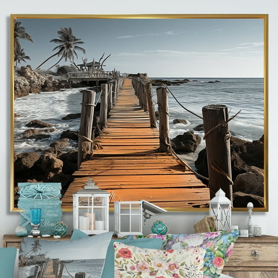 Designart "Dominican Deserted Simplicity Pier II" Nautical & Beach Floater Framed Wall Art Print