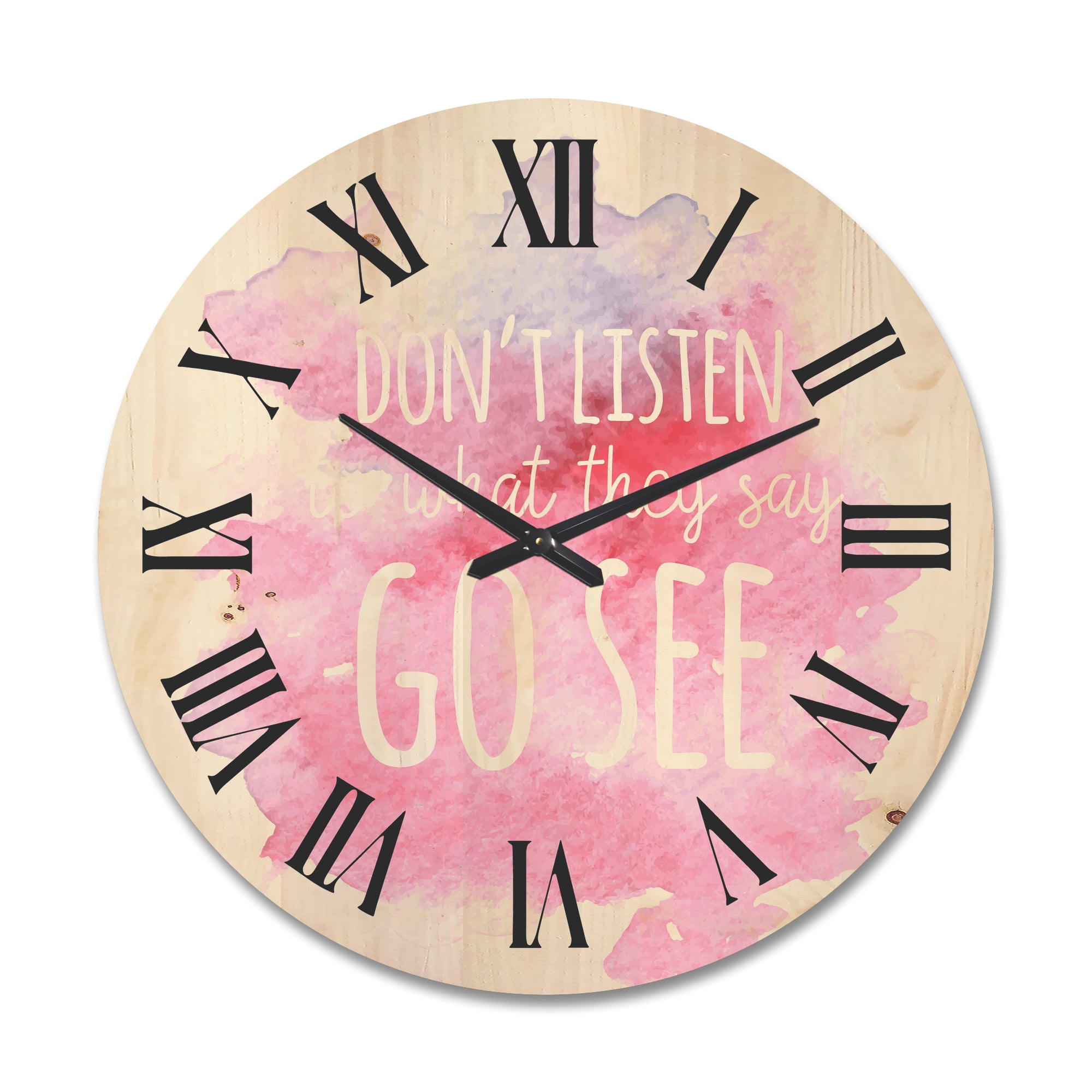 Designart 'Don't Listen To What They Say Go See On Pink Background' Traditional Wood Wall Clock