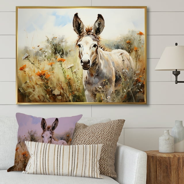 Designart "Donkey Meadow Landscape with Flowers II" Animals Framed Wall