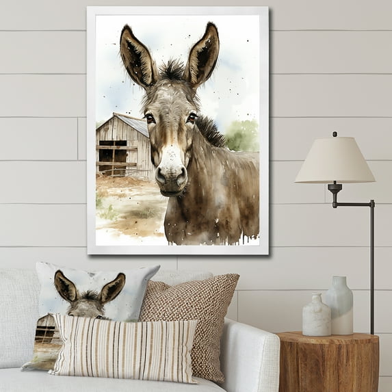 Designart "Donkey Portrait with Country Charm II" Animals Framed Wall Art - Traditional Grey Donkey Bedroom Framed Canvas Wall Art