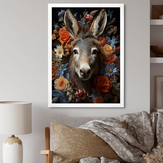 Designart "Donkey with Colorful Flowers" Animals Framed Wall Art - Traditional Orange Donkey Bedroom Framed Canvas Wall Art