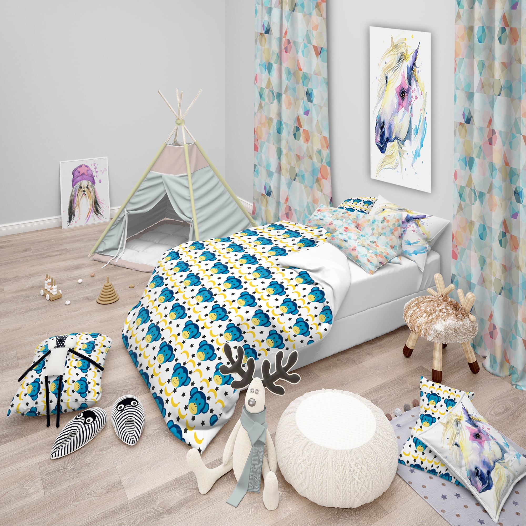 Designart 'Doodle Monkey Pattern' Tropical kids Duvet Cover Set