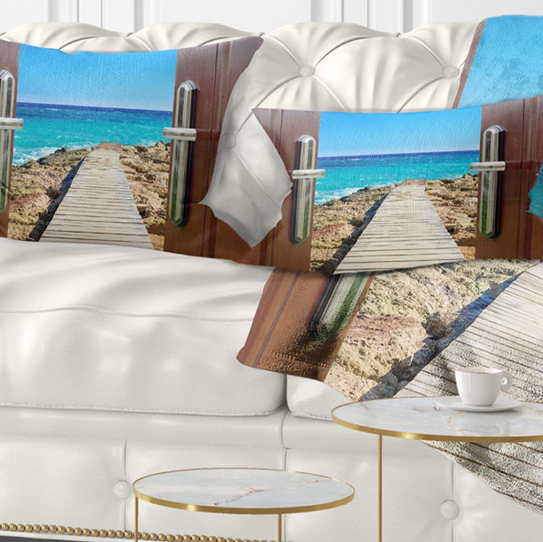 Designart Door Open to Wooden Ocean Pier - Wooden Sea Bridge Throw Pillow - 12x20