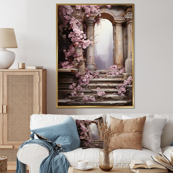 Designart "Door to Blooms in Ancient Ruins" Fashion Framed Wall Art - Glam Pink Fantasy Bedroom Framed Canvas Wall Art