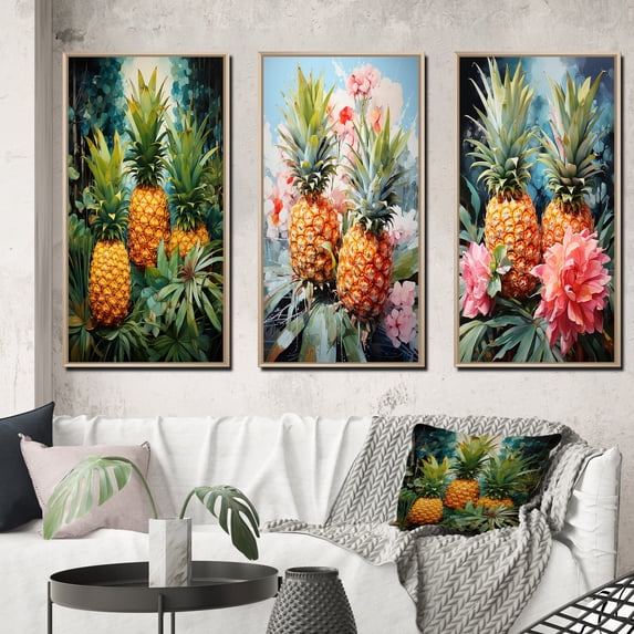 Designart "Dotted Pineapples in the Tropics I" Farmhouse Framed Wall Art Set Of 3 - Brown Pineapples Frame Gallery Set For Office Decor