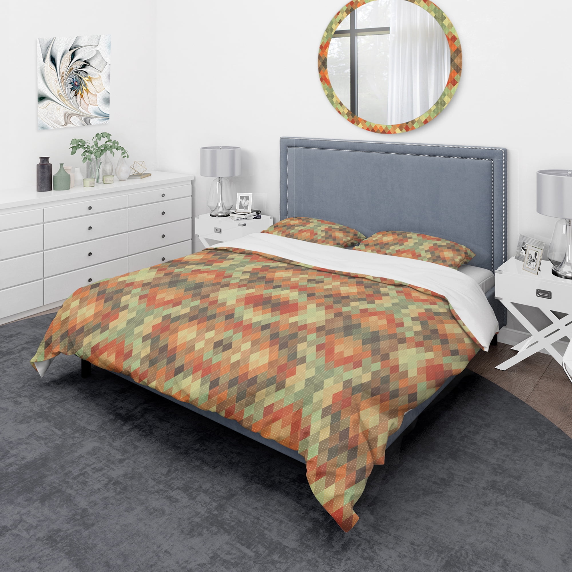 Designart 'Dotted Triangular Geometry in Orange, Blue and Brown' Modern & Contemporary Duvet Cover Set