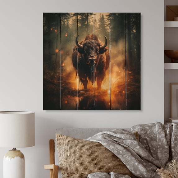 Designart "Double Exposure Buffalo Orange Wilderness II" Landscapes Print on Natural Pine Wood