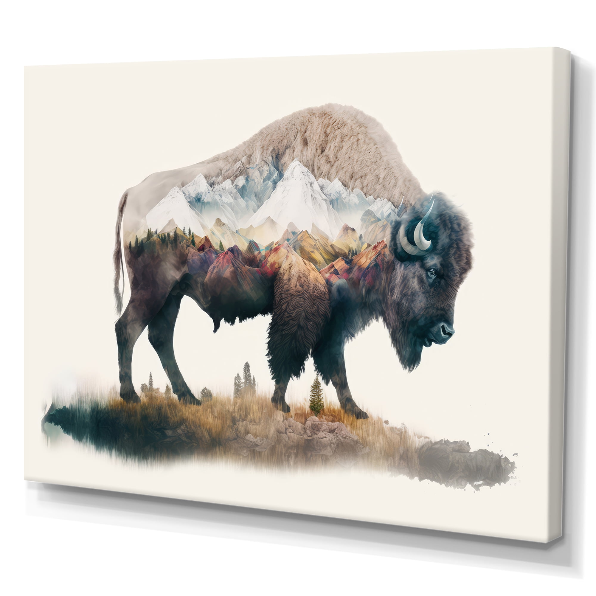 Designart Double Exposure Of A Bison With Nevada Landscape III Canvas Wall Art