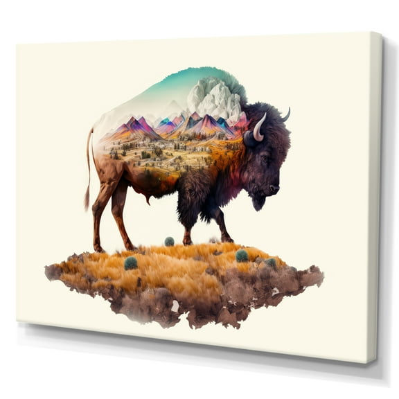 Designart Double Exposure Of A Buffalo With Nevada Landscape III Canvas Wall Art
