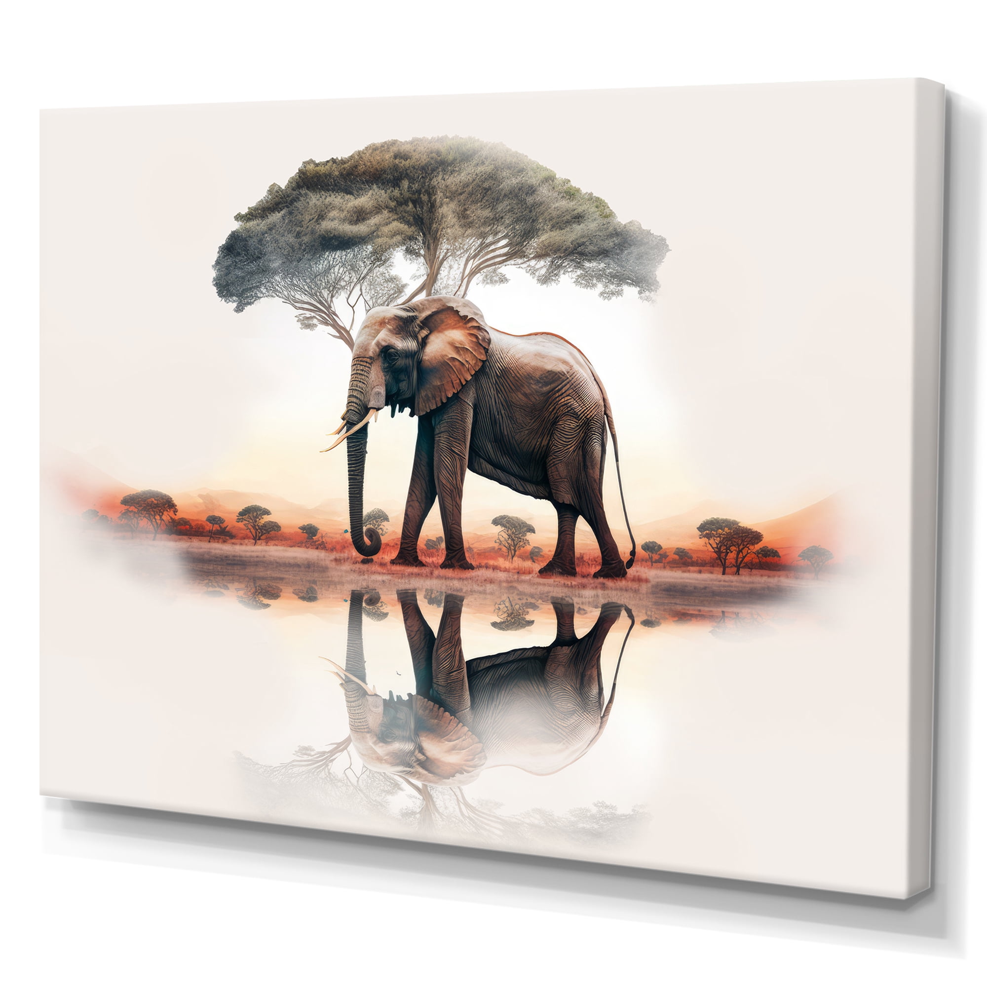 Designart Double Exposure Of A Elefant With African Landscape II Canvas Wall Art