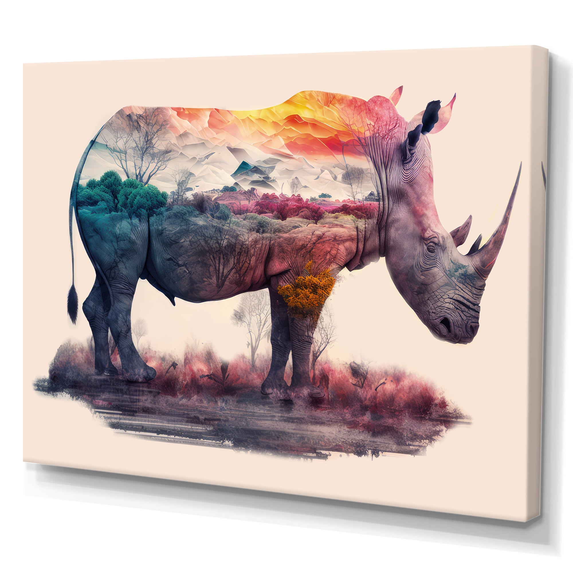 Designart Double Exposure Of A Rhino With African Landscape Canvas Wall Art